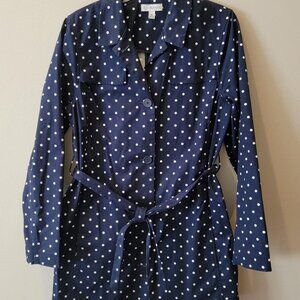 KIM ROGERS Navy Blue & White Polka Dot Trench Coat Size M